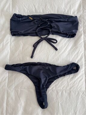 Gooseberry Seaside Navy Lace-Up Bandeau Bikini Set w/ Cheeky Bottoms